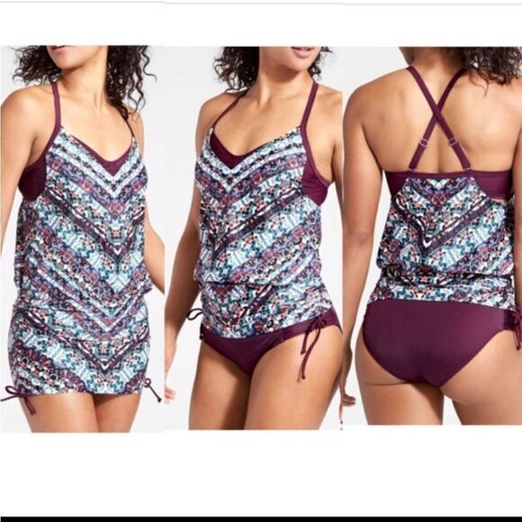 Athleta Marrakesh Side Scrunch Tankini Lycra UPF 50+ Maroon Quickdri 32D/DD - Picture 1 of 8